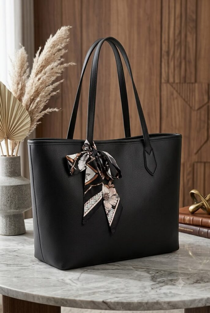 Elegant Large Capacity Womenโs Black Tote Bag with Stylish Silk Scarf