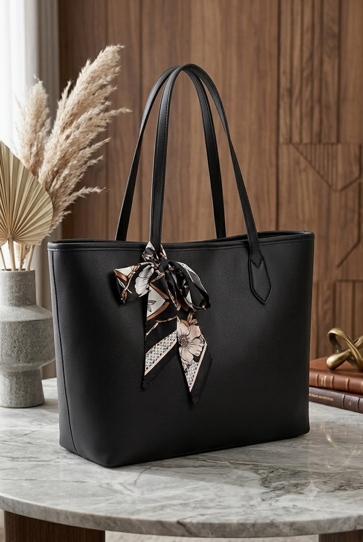 Elegant Large Capacity Women’s Black Tote Bag with Stylish Silk Scarf - Image 1