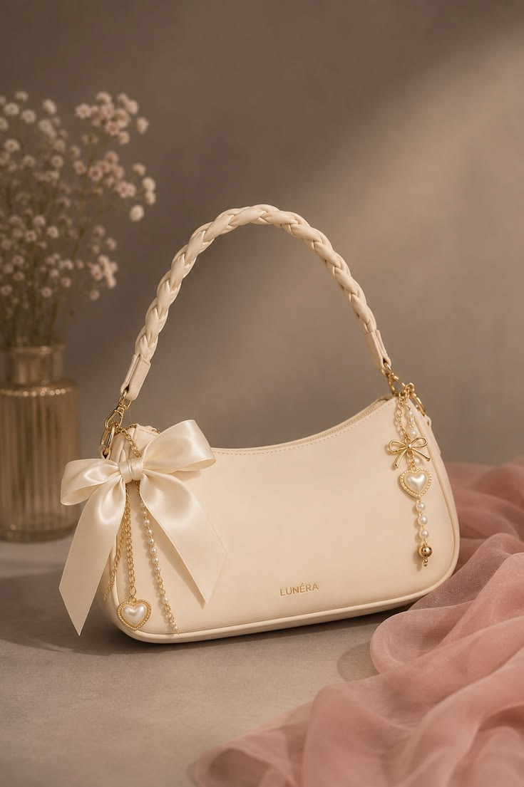 Cream Pearl Bow Braided Handle Shoulder Bag - Image 1