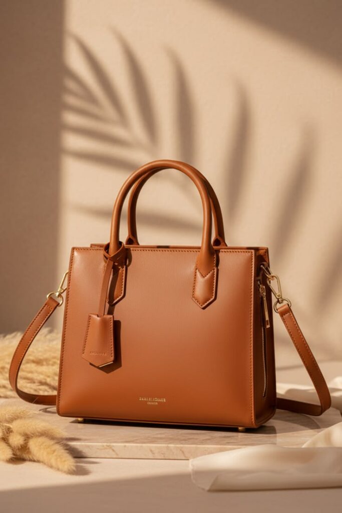 Tan brown leather structured hand bag
